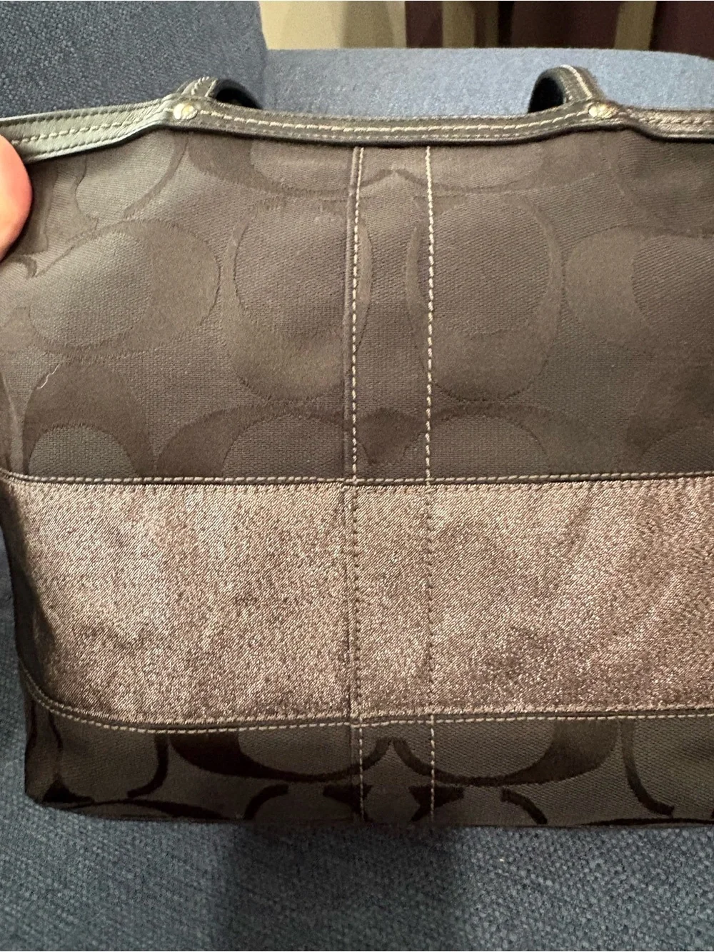 COACH Signature Stripe Tote Bag Black Jacquard Canvas Metallic Accent EUC